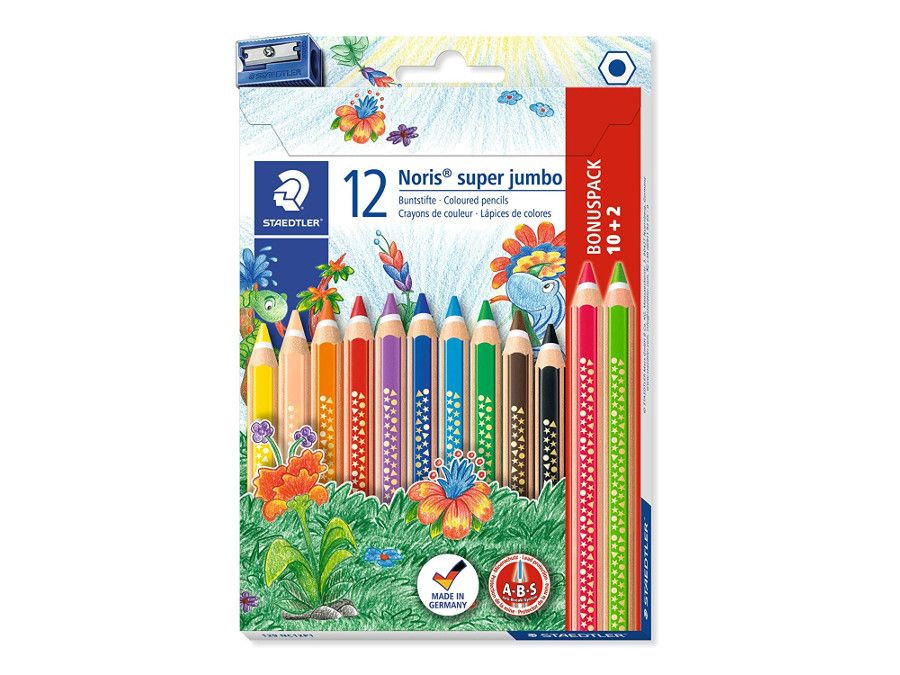 Цветни моливи Staedtler NC 129 Super Jumbo, 10+2 цвята+острилка