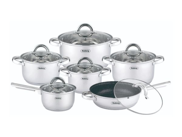 Комплект съдове 12 части Rosberg R51210L12 , 16К/16/18/20/24/24Т см, Неръждаема стомана Rosberg
