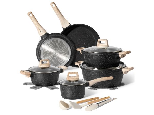 Комплект тенджери и тигани Just Perfecto JL-27, 15 ч, Отливка, Мраморно покритие, Индукция, Аксесоари, Бежов