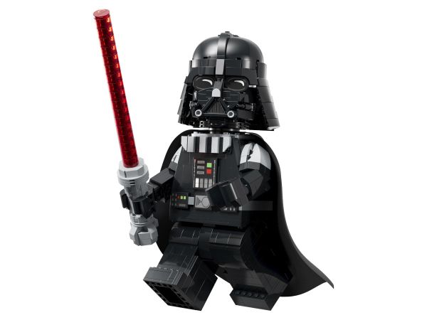 Сглобена голяма екшън фигура Дарт Вейдър от LEGO 75461 с червен светлинен меч и текстилно наметало