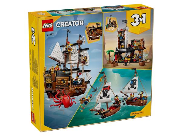 alt="LEGO Creator 3-в-1 Емблематичен пиратски кораб 31387 задна страна на опаковката с трите модела"