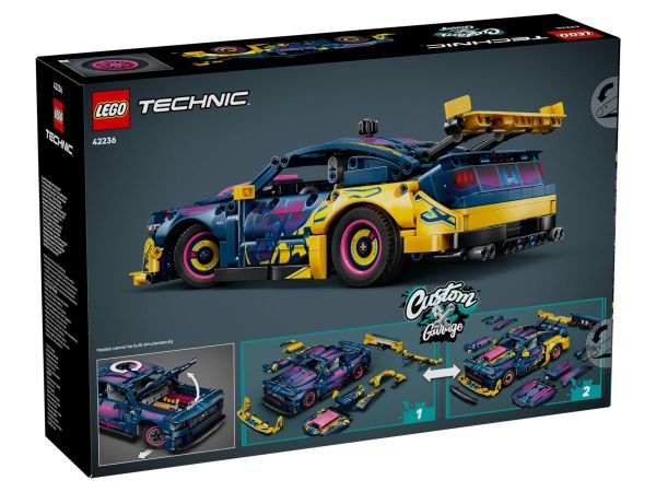 Задна страна на кутията на LEGO Technic 42235 Ferrari с описание на функциите и детайли