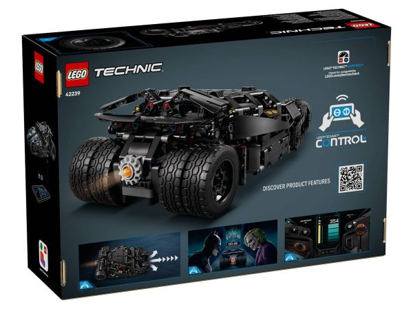Обратна страна на кутията на LEGO Technic 42239 Batmobile Tumbler с детайли за CONTROL+ приложението