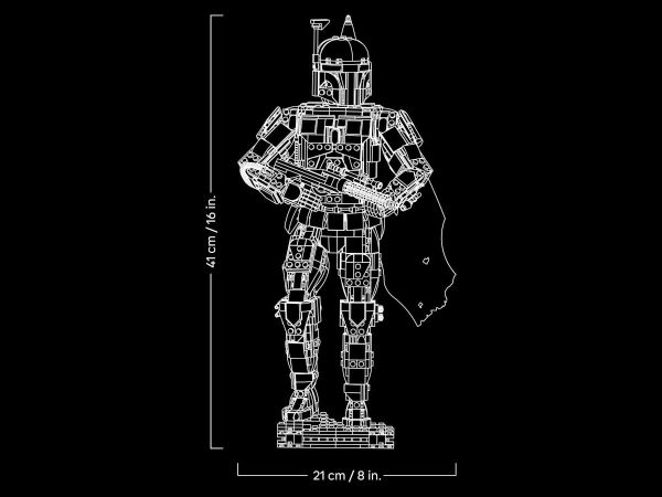Техническа схема с пропорции и височина на сглобената фигура на Боба Фет в LEGO 75455