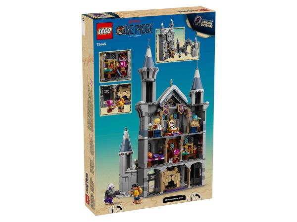 Задна страна на кутията на LEGO 75645 с размери, детайли и функции на зимния замък