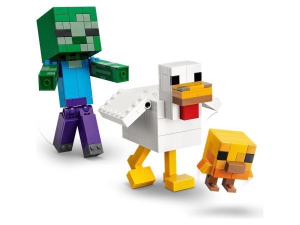 Сглобени големи фигури на кокошка и бебе зомби от LEGO Minecraft 21582 Chicken JockeyФигура на бебе зомби язди голямо пиле – комплект LEGO Minecraft 21582 Chicken Jockey