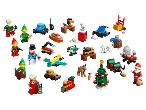 Съдържание на 24-те вратички и детайли от кутията на LEGO City Коледен календар 60510
