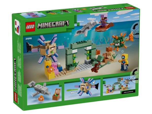 alt="Задна страна на кутията на LEGO Minecraft 21598 показваща екшън функциите и размерите на подводния модел"